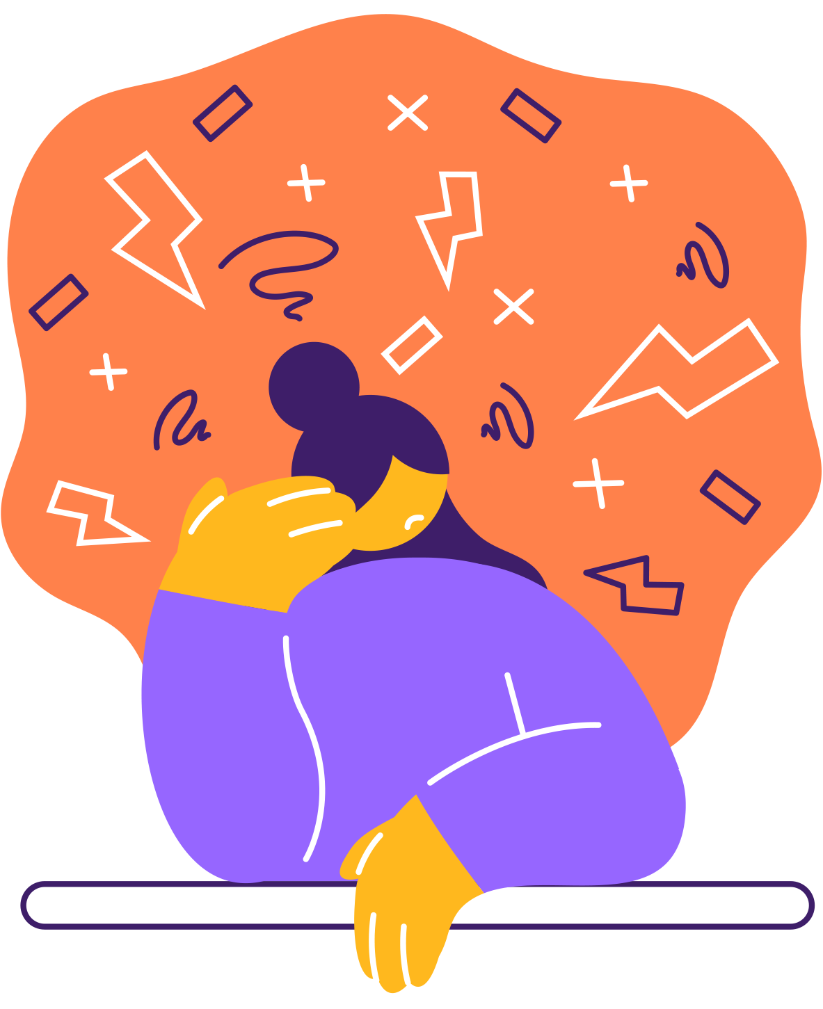Illustration of an anxious person resting their head in one hand, surrounded by jagged shapes and swirling lines that represent overwhelming thoughts.