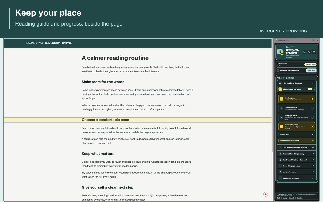Divergently Browsing reading tools open beside an example article