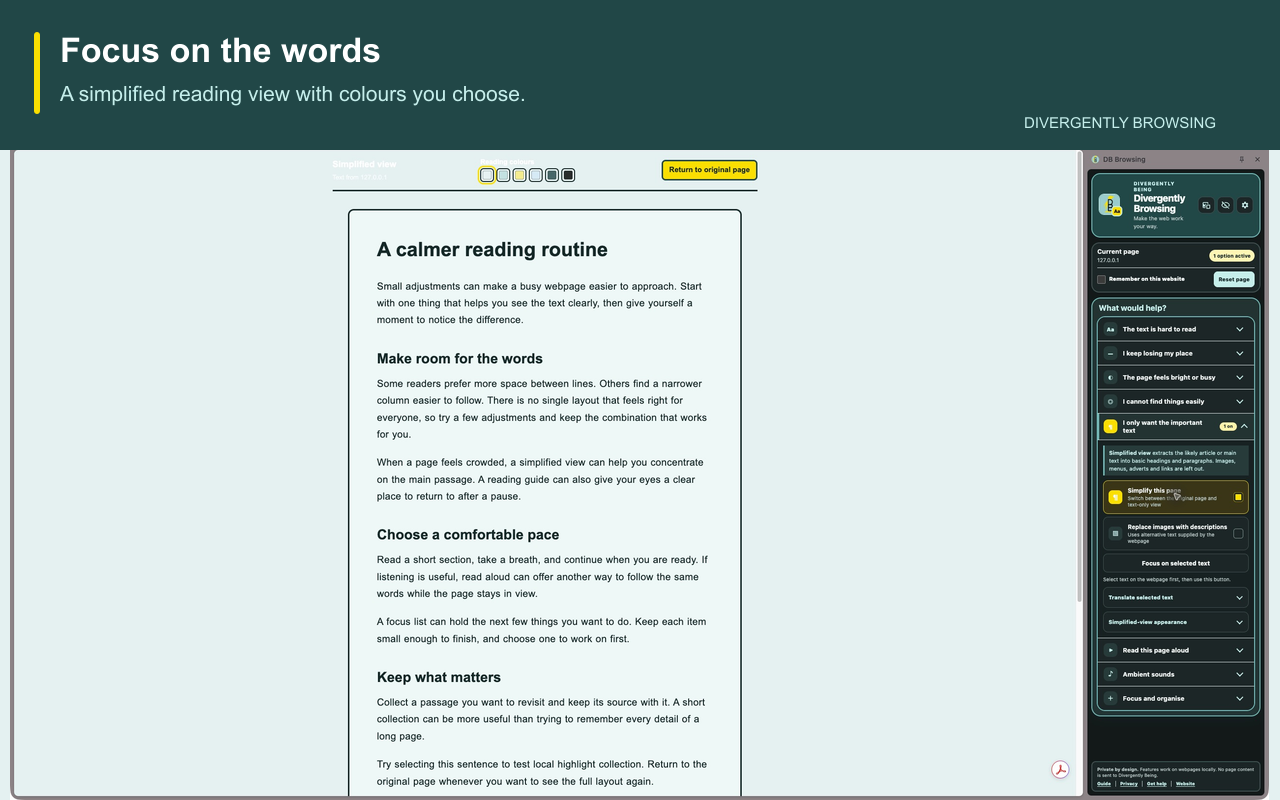 Simplified view showing the article text with reading controls