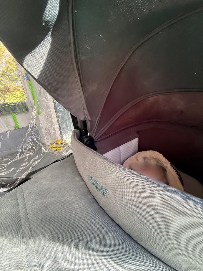 Baby sleeping in a pram with the hood pulled up