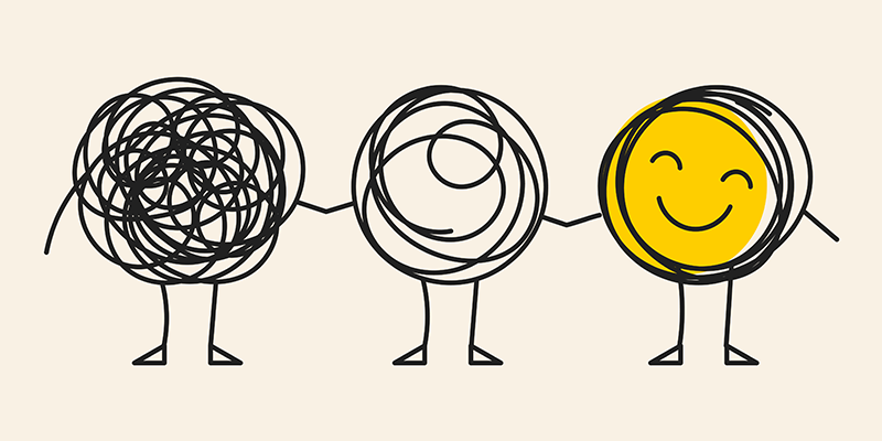 Three figures showing a shift from tangled thoughts to a smiling face