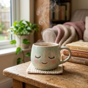 Cosy mug with a smiling face and steam rising beside books and a blanket