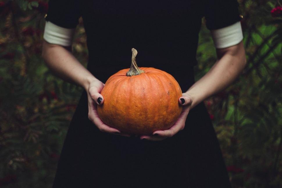 Featured image for this blog post. It is a woman holding a pumpkin. She is wearing a black dress with white sleeves poking out underneath. It looks distinctly autumnal.