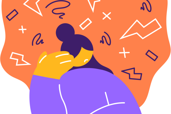 Illustration of an anxious person resting their head in one hand, surrounded by jagged shapes and swirling lines that represent overwhelming thoughts.
