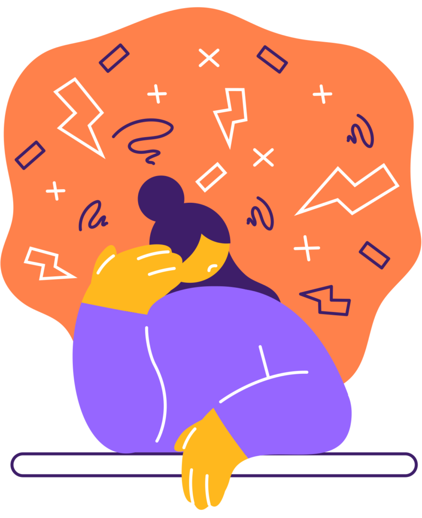 Illustration of an anxious person resting their head in one hand, surrounded by jagged shapes and swirling lines that represent overwhelming thoughts.